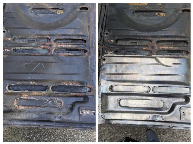 Before and after laser rust removal on metal automotive part